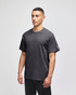 A short-sleeve adult t-shirt in dark grey with a logo on the sleeve.