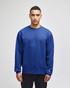 A model wearing a blue Champion adult sweatshirt with a logo on the sleeve, set against a neutral background.