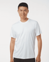 A white men's performance T-shirt featuring short sleeves and a fitted design, with a logo on the chest.