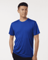 A blue men's performance t-shirt is displayed on a model, featuring a simple design and a branded logo.