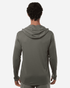 A grey hooded t-shirt for men, featuring long sleeves and a relaxed fit, with a brand logo on the back.