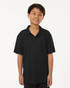 A youth black polo shirt with a collar and short sleeves, featuring a logo.
