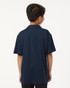 A navy performance polo shirt for youth, featuring a short-sleeve design and a branding logo on the back.