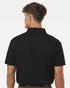 A black polo shirt with a short sleeve and classic collar, featuring a logo on the back.