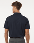 A navy polo shirt with a collar and short sleeves, featuring a logo on the back.