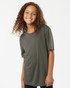 A youth performance T-shirt in dark green with a relaxed fit and short sleeves, featuring a logo.