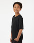 A black youth performance t-shirt displayed on a young boy, featuring a relaxed fit and short sleeves.