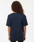 A youth performance T-shirt in navy blue, featuring a loose fit and a visible logo on the back.