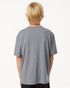 A grey youth t-shirt featuring a simple design and a logo on the back.