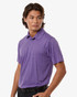 A purple men's polyester heather melange polo with short sleeves and a collar, featuring a logo.
