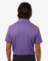 A men's polyester heather melange polo in purple, featuring a classic collar and short sleeves, with a logo on the back.
