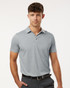 Men's polyester heather melange polo in light grey, featuring a collar and short sleeves. Includes a branding logo.
