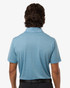 A men's polyester heather melange polo in light blue, featuring a back view with a collar and short sleeves.
