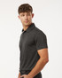 A men's polyester heather melange polo in dark grey, featuring a collared neck and short sleeves. It has a logo.