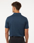 A men's short-sleeve polo shirt in a dark blue heather melange, featuring a collar and a logo on the side.