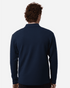 A men's navy blue stretch fleece 1/4 zip pullover, featuring a back view with a plain design and a logo.