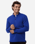 Men's stretch fleece 1/4 zip in vibrant blue, featuring a zip collar and long sleeves. Includes a logo.