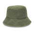 A green washed bucket hat with a wide brim and textured finish, featuring ventilation holes on the sides.