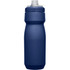 A drink bottle in navy blue with a screw-top lid and a logo on the side.