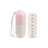 A capsule-shaped pills organiser in pink and grey with compartments for each day of the week and a wrist strap.