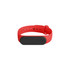 A red wristband with a black rectangular feature and a logo, made from flexible material.