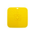 A yellow, four-section silicone lick mat featuring textured patterns and paw prints, with a hole for hanging.