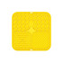 A yellow, three-section dog enrichment lick mat with honeycomb, bone, and textured patterns. It features a logo.
