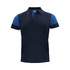 A navy blue polo shirt with blue sleeves and a collar, featuring a branding logo.