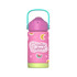 A drink bottle with a pink body, featuring fruit illustrations and a blue handle. It has a logo on the front.