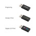 Three black USB data blockers with various printing options: engraving, screen print, and digital UV print.