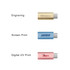 A collection of USB data blockers in gold, blue, and pink, featuring different printing options. Each has a logo.