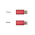 A red USB data blocker with a metallic finish, displaying a logo on both the front and back.