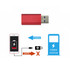 A red USB data blocker with two connectors. Features icons of a mobile phone and a power station.