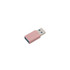 A pink USB data blocker with a silver connector, featuring a logo on its surface.