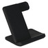 A black 3 in 1 wireless charger with a sleek standing design and a flat charging pad. It features a logo.