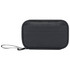 A black recycled tech pouch with a zip closure and a wrist strap. It has one outer pocket and a logo.