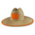 A straw hat featuring a wide brim, a natural weave, and an orange trim with a square logo.