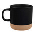 A ceramic coffee mug featuring a black upper body with a speckled finish and a smooth tan lower section. Contains a logo.