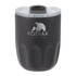 A drink bottle with a black exterior and clear lid, featuring a logo and a rounded design suitable for beverages.