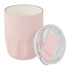 A drink bottle in soft pink with a ceramic liner and a clear, removable lid, featuring a logo.