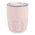A drink bottle in soft pink with a clear lid, featuring a ceramic liner and a logo.