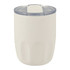 A drink bottle with a white exterior and clear lid, featuring a logo, designed for hot or cold beverages.