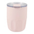 A drink bottle in a soft pink colour with a transparent lid and a logo on the side.