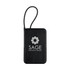 A black power bank with a textured surface and a braided strap, featuring a logo on the front.