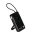 A black magnetic power bank with a strap, featuring a stand and branding. It has a smooth finish and compact design.
