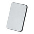 A silver power bank with a sleek design and rounded edges, featuring a branding logo.