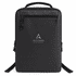 A black backpack with a minimalist design, featuring a logo and multiple zippers for storage.