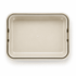 A light beige rectangular lunchbox with a smooth surface and rounded edges. It features a logo.