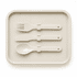A beige tray featuring a fork, knife, and spoon, all with a sleek, modern design. The tray has a subtle logo.