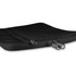 A black neoprene laptop sleeve featuring a dual zipper closure. It has a sleek and smooth texture.